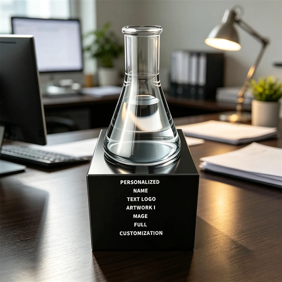 Trofeo di cristallo con base nera per beuta Erlenmeyer